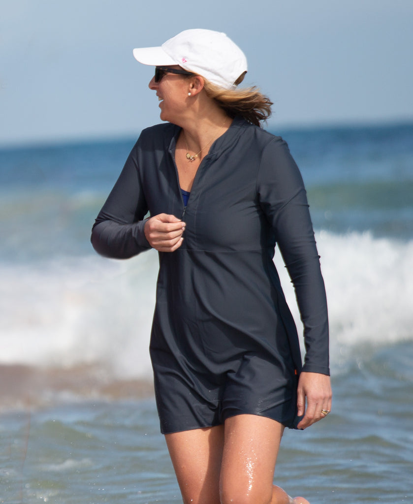 Swimdress; UVP50; sustainable swimwear; coverup; carbon grey