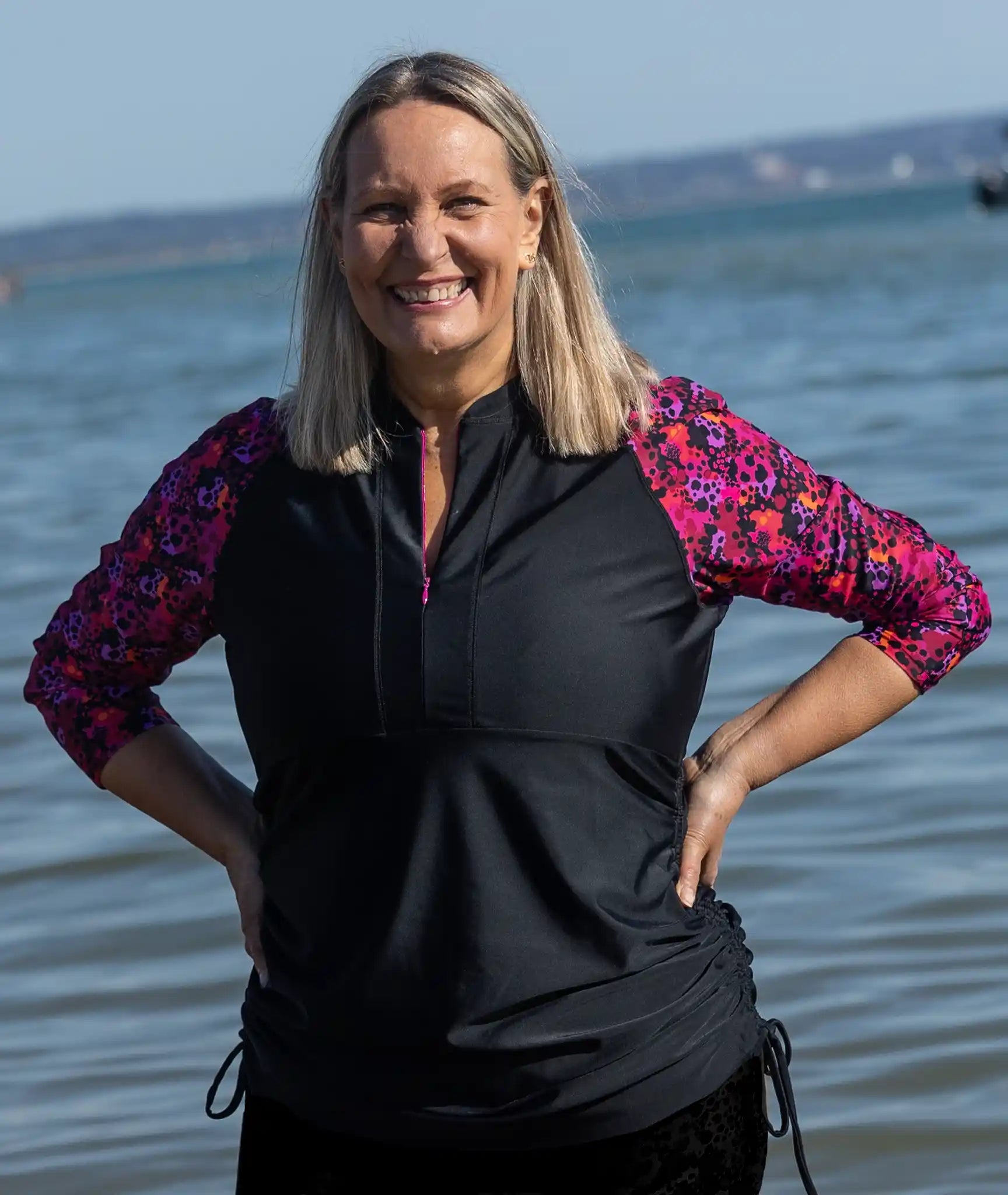 Swim Rash top Black Bright Leopard sleeves Beach