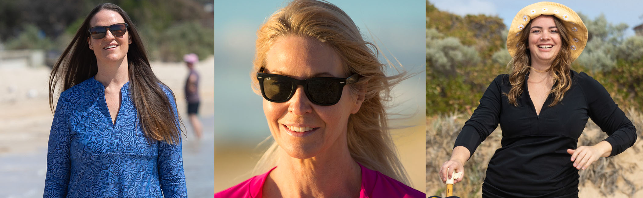 three women on the beach wearing suncheeter swim tops and dresses