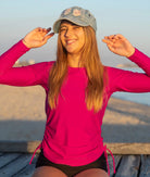 Hibiscus pink crew neck swim top with long sleeves