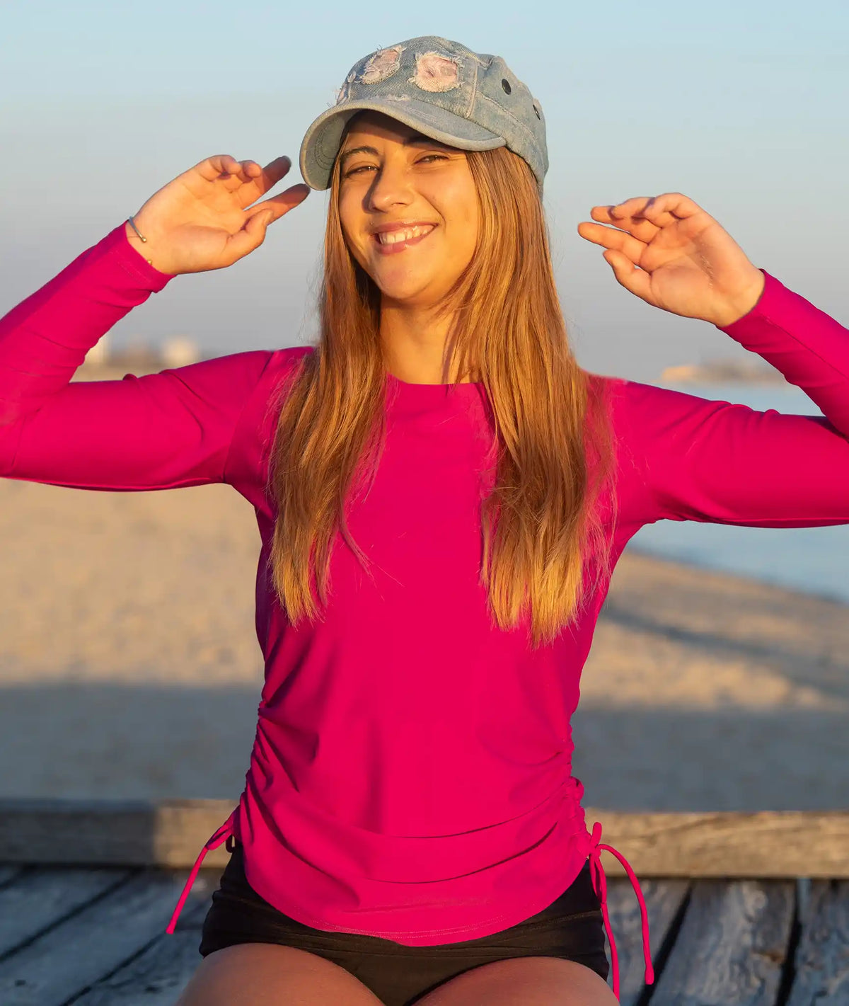 Hibiscus pink crew neck swim top with long sleeves