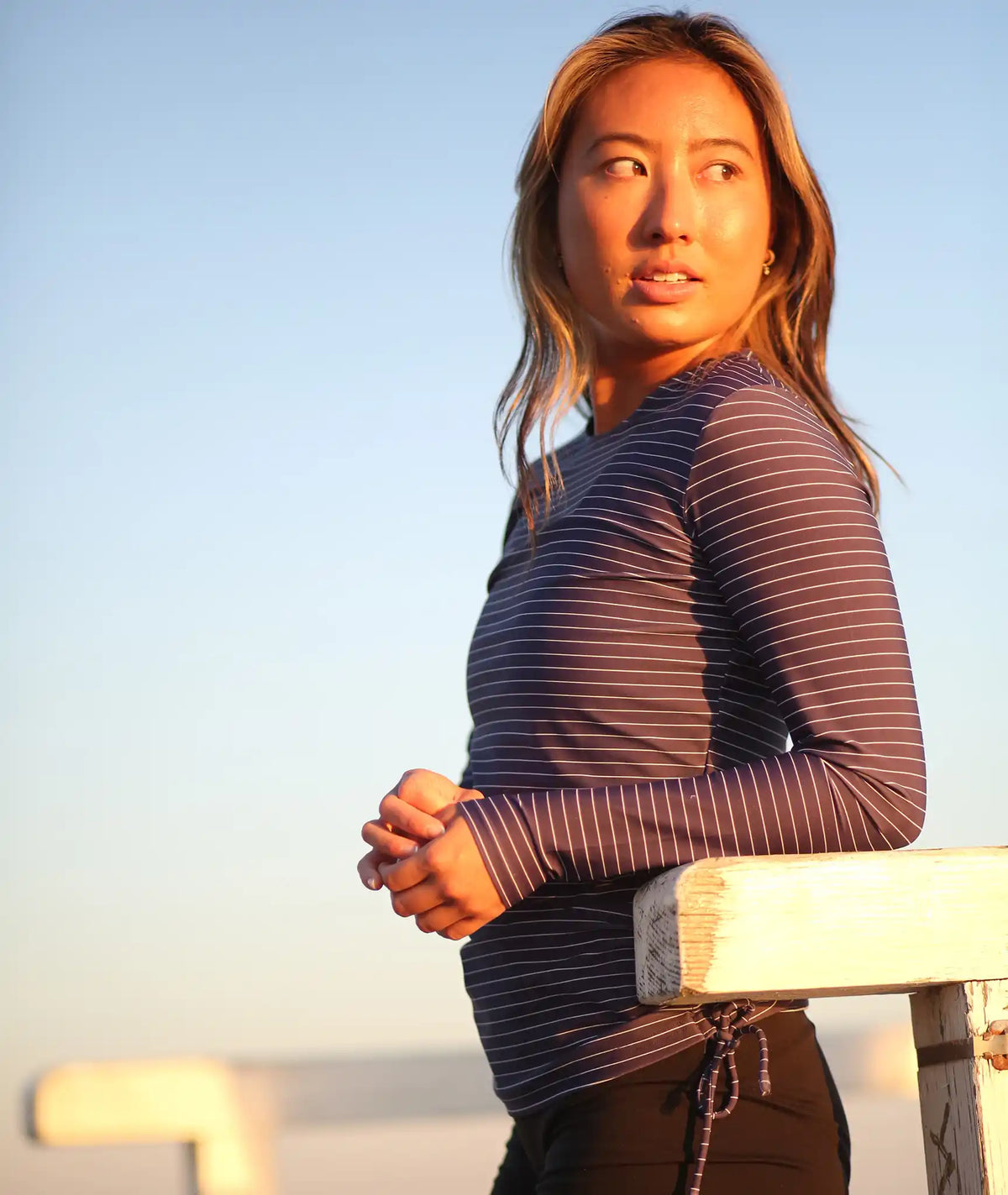 Denim blue and white stripe crew neck swim top with long sleeves
