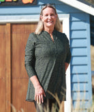 Suncheeter swim dress in Gone Dotty green spot print with long sleeves