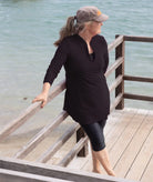 Suncheeter three piece swim set in black: swim dress, leggings and crop top