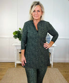 Three piece swim set in Gone Dotty green print: swim dress, leggings and crop top