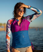 Rash top; Rash guard; Rash vest;  sun protection; swimwear; patterned.