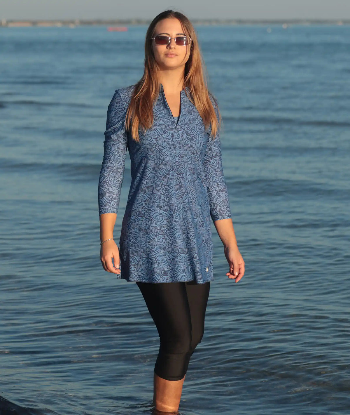 Long sleeve Suncheeter swim dress in Saltwater Blue print