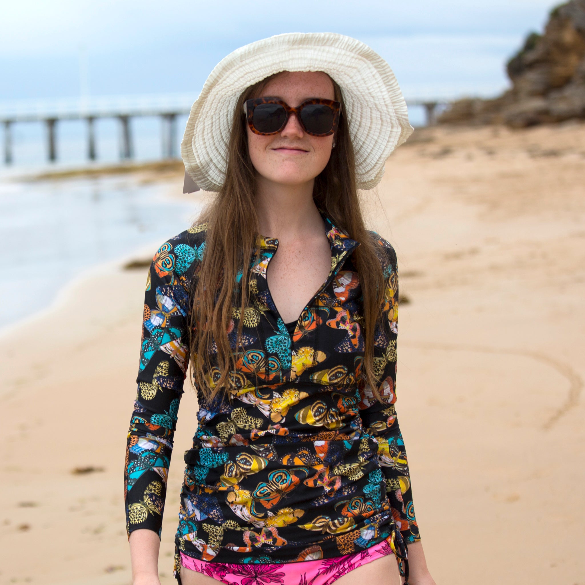 Sale; Butterfly print; Black ; rash vest; rash guard; rash top; SPF50+; UPF50+